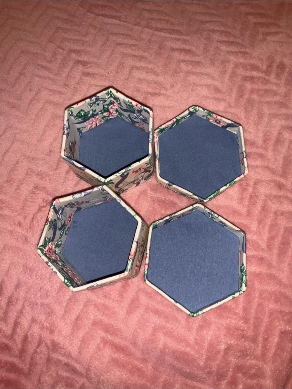 Floral Hexagon Jewelry Boxes in Cream and Blue - Brand Unspecified